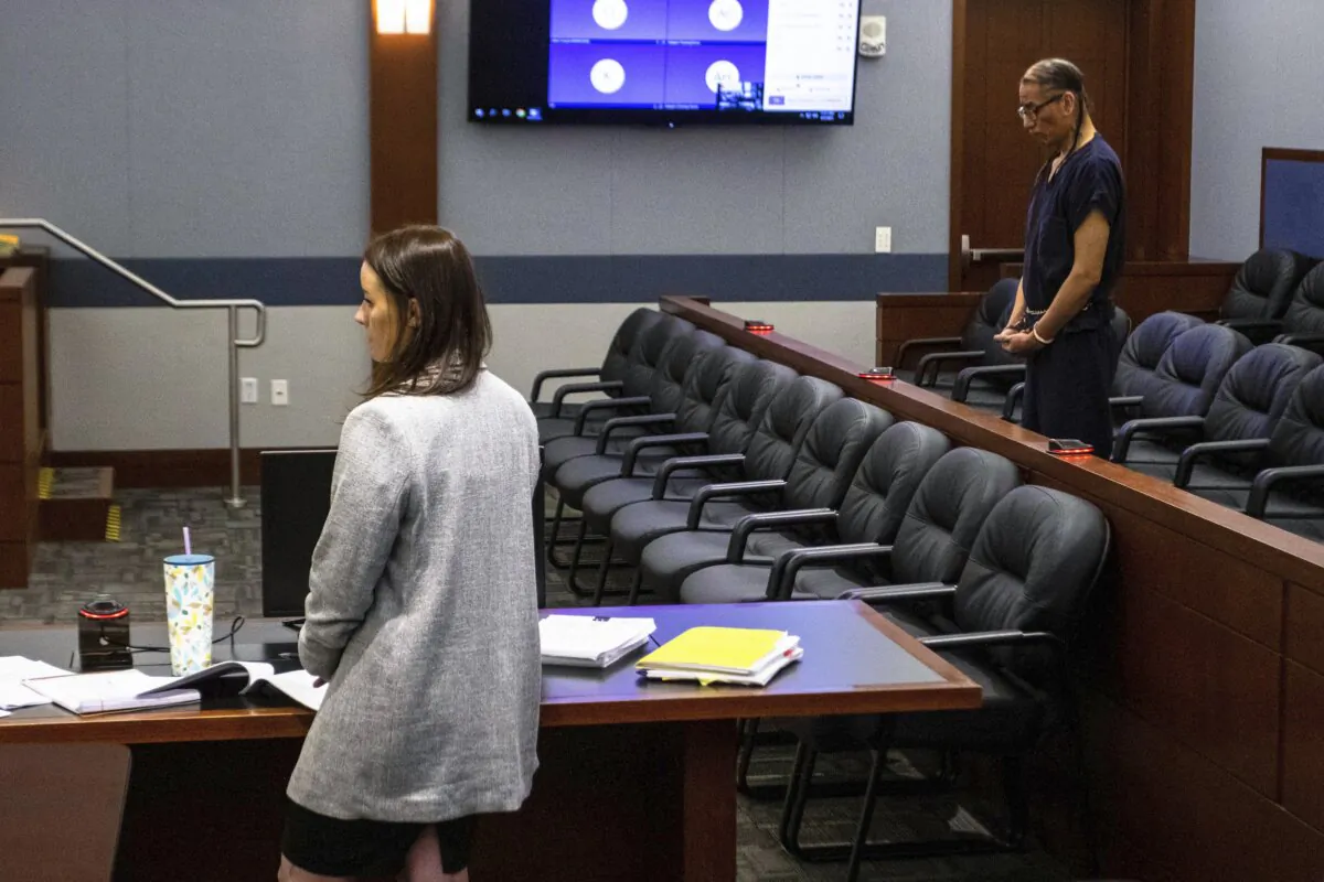 Clark County public defender Kristy Holston (L) and Nathan Chasing Horse stand during a court hearing in Las Vegas on April 5, 2023. (Ty O'Neil/AP Photo)