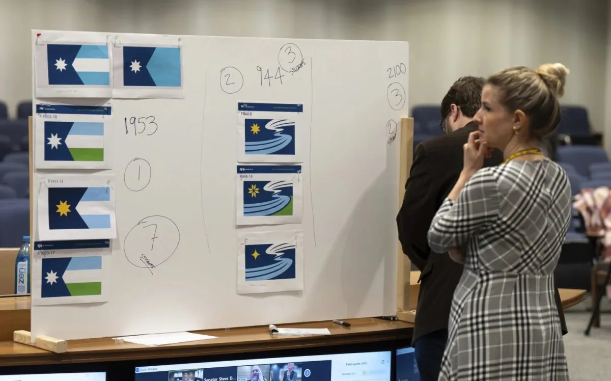 New state flag designs are considered by a Minnesota committee at St. Paul, Minn., on Dec. 15, 2023. (Glenn Stubbe/Star Tribune via AP)