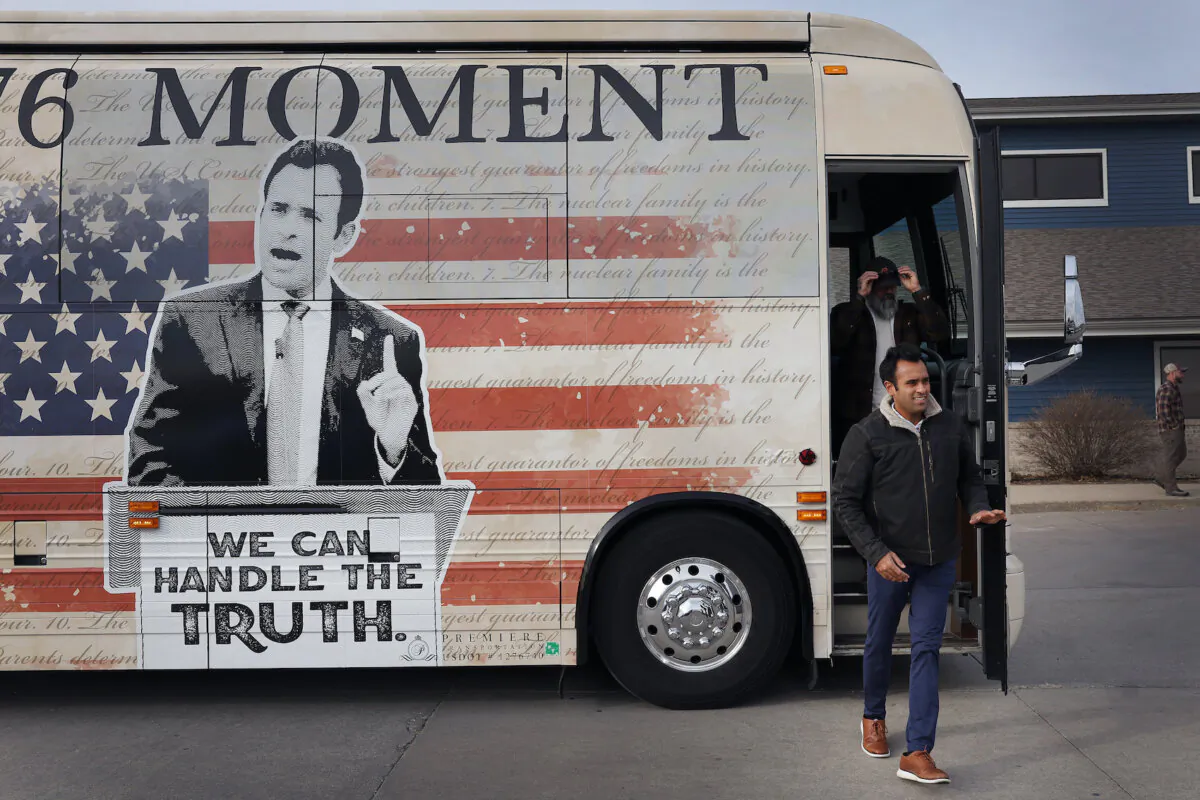 Republican presidential candidate businessman Vivek Ramaswamy arrives for a campaign event at the AmericInn in Webster City, Iowa, on Dec. 19, 2023. (Scott Olson/Getty Images)