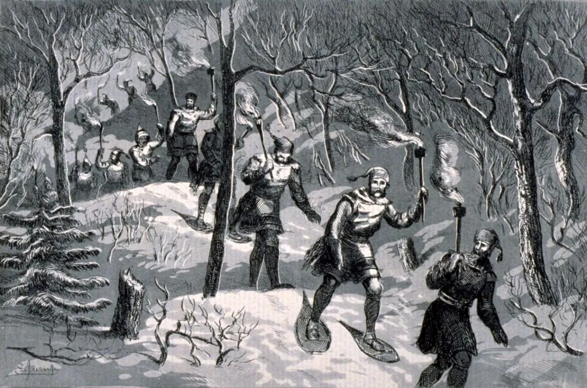 Illustration of a night procession by the Montreal Snow Shoe Club on Mount Royal in 1873. (Public Domain)