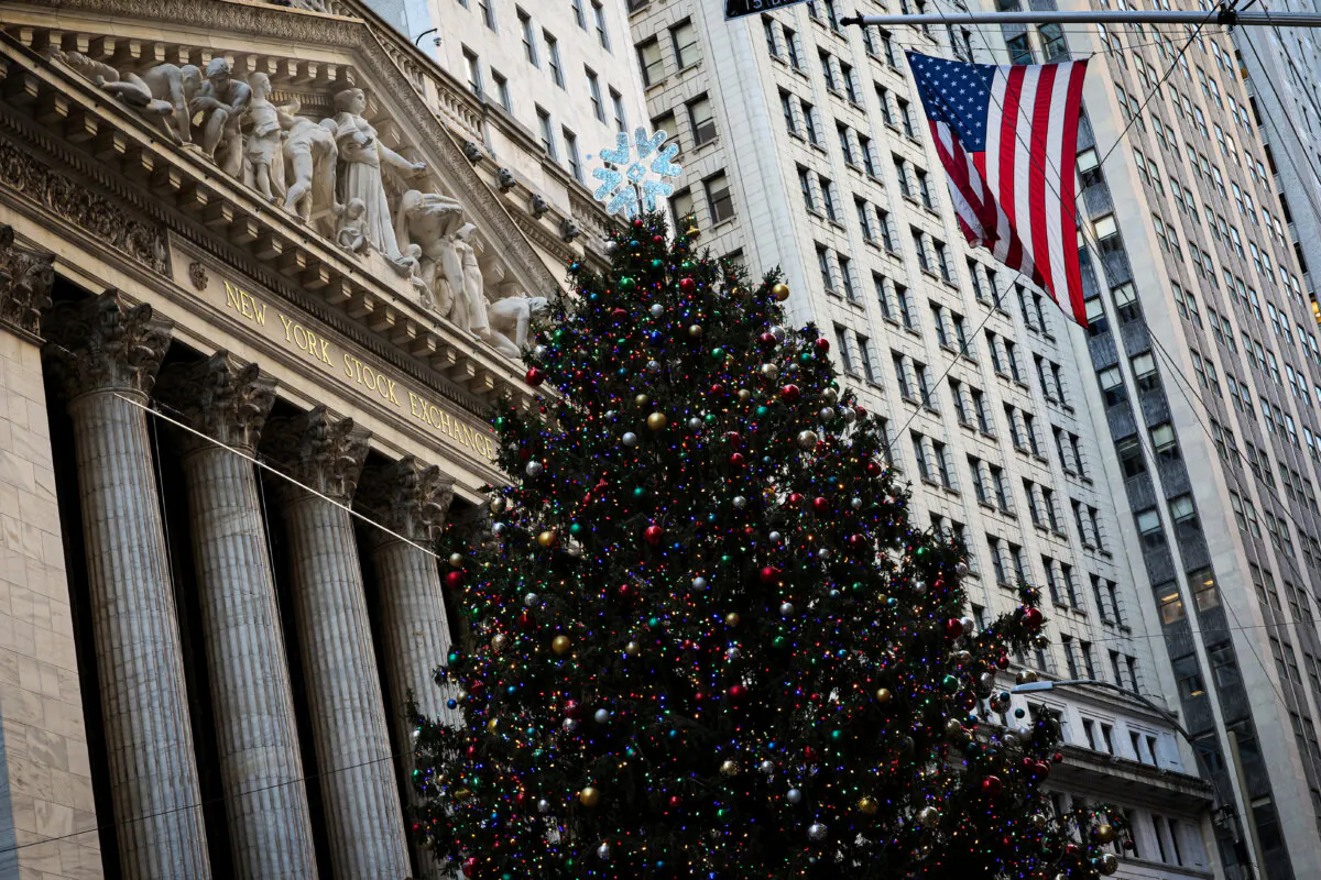 A Christmas tree is seen outside of the New York Stock Exchange (NYSE) in New York City on Dec. 15, 2023. (Brendan McDermid/Reuters)