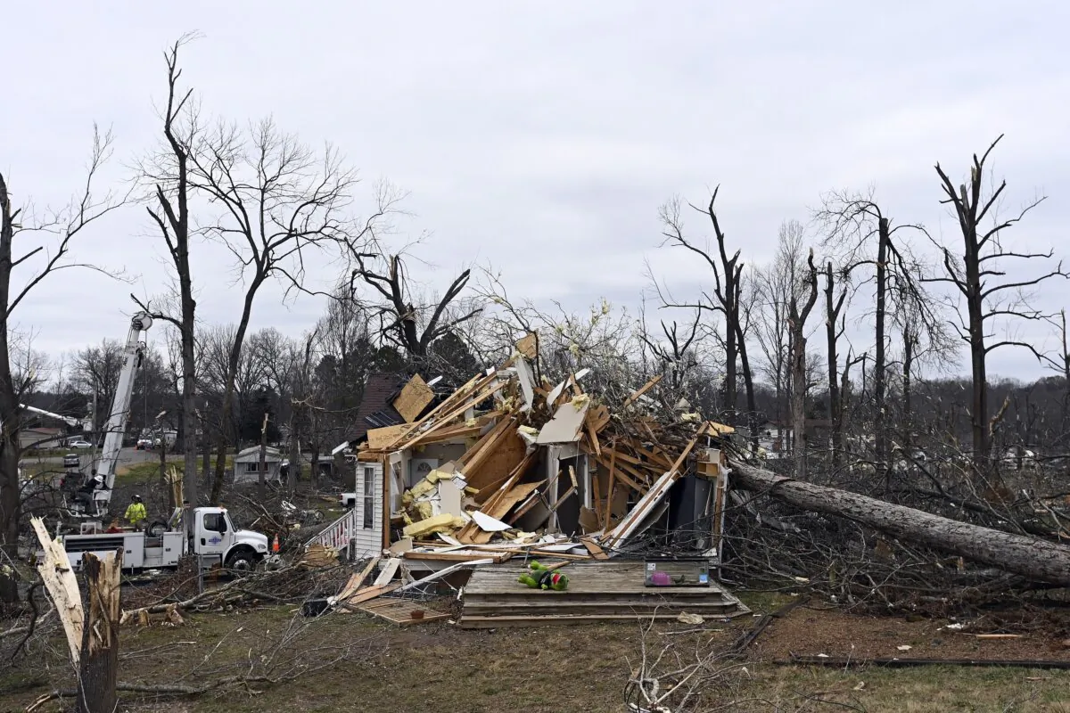 A home destroyed along Britton Springs Road in Clarksville, Tenn., on Dec. 10, 2023. (Mark Zaleski/AP Photo)