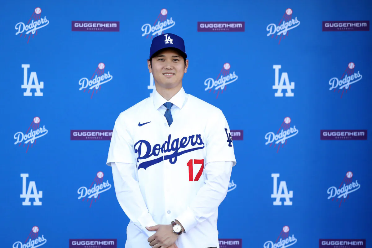 Shohei Ohtani is introduced by the Los Angeles Dodgers at Dodger Stadium in Los Angeles on Dec. 14, 2023. (Meg Oliphant/Getty Images)