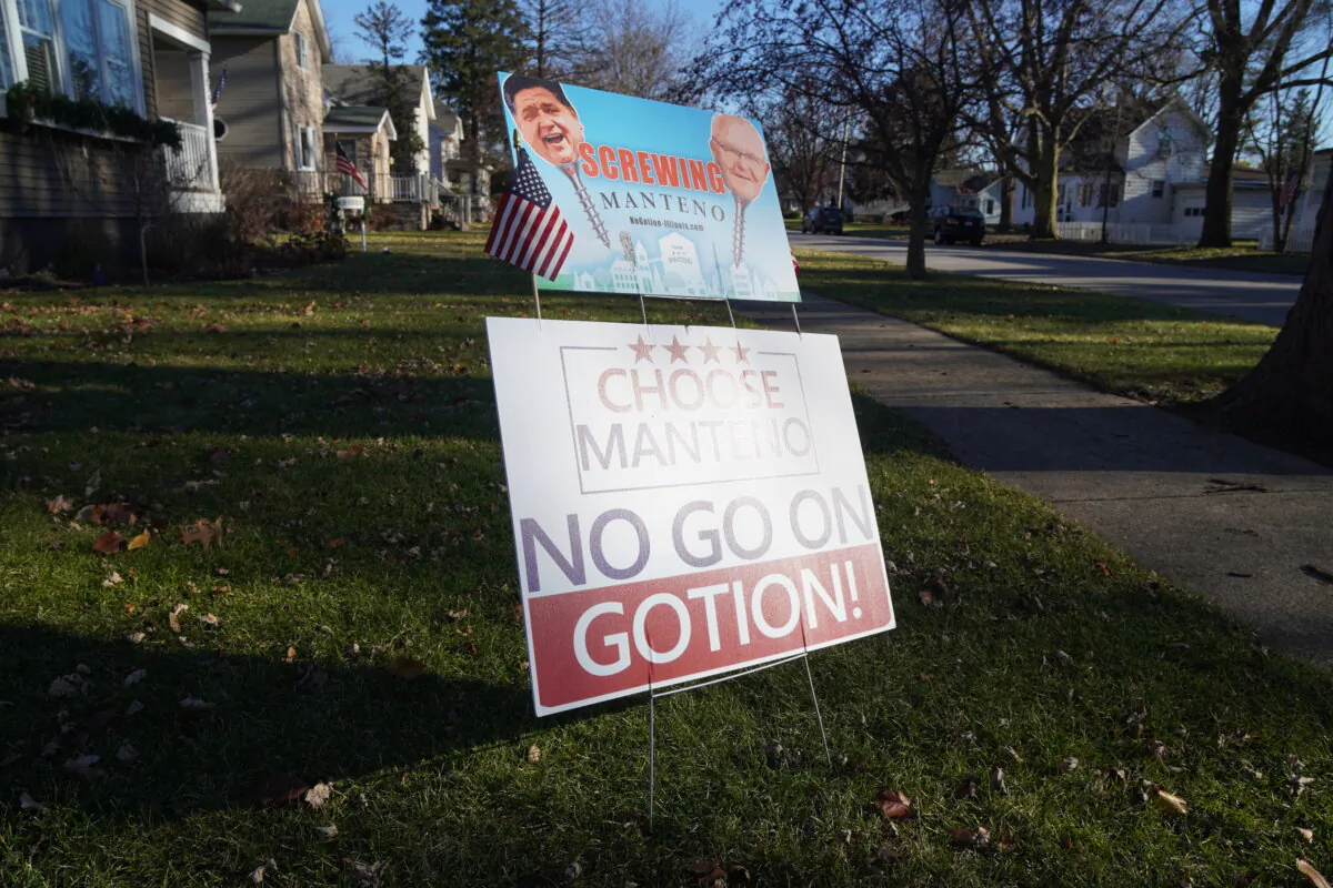 A yard sign in Manteno, Ill., on Dec. 13, 2023. Many locals are voicing opposition to a Chinese Communist Party-linked battery plant, Gotion, that could come to town. (The Epoch Times/Nathan Worcester)
