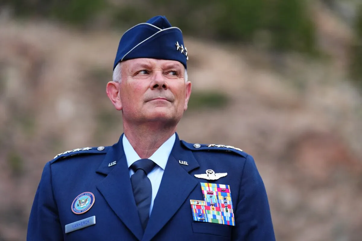 Gen. Glen VanHerck, Commander of United States Northern Command and North American Aerospace Defense Command looks on as Canadian Prime Minister Justin Trudeau speaks to members of the media at the Cheyenne Mountain Space Force Station facility in Colorado Springs, Colo., on June 7, 2022. (The Canadian Press/Sean Kilpatrick)