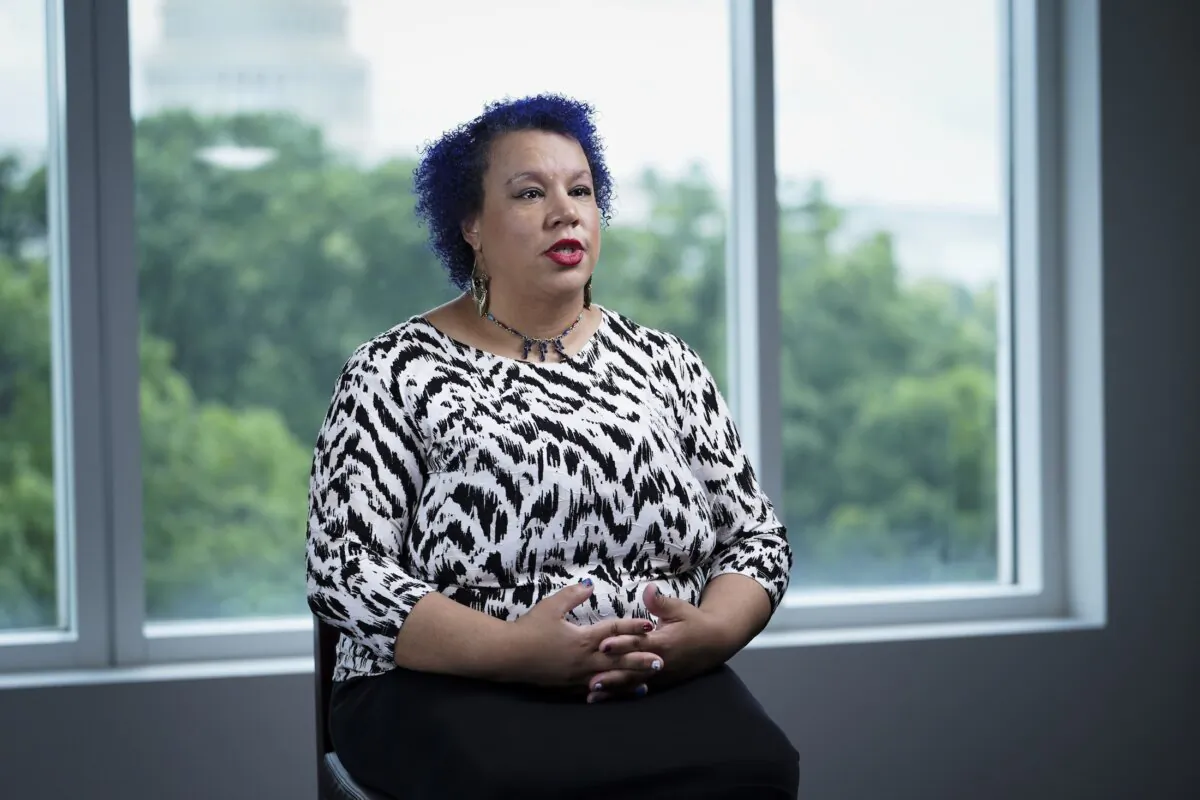 Tabia Lee, a founding member of Free Black Thought and a former director of the Office of Equity, Social Justice, and Multicultural Education at De Anza College, poses for a photo in Washington on July 6, 2023. (Madalina Vasiliu/The Epoch Times)