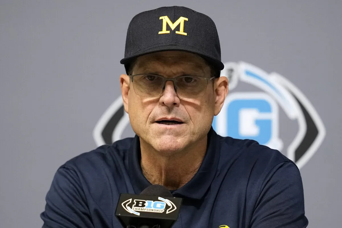 Michigan head coach Jim Harbaugh speaks during a news conference after the Big Ten championship NCAA college football game against Iowa in Indianapolis on Dec. 3, 2023. (Darron Cummings/AP Photo)