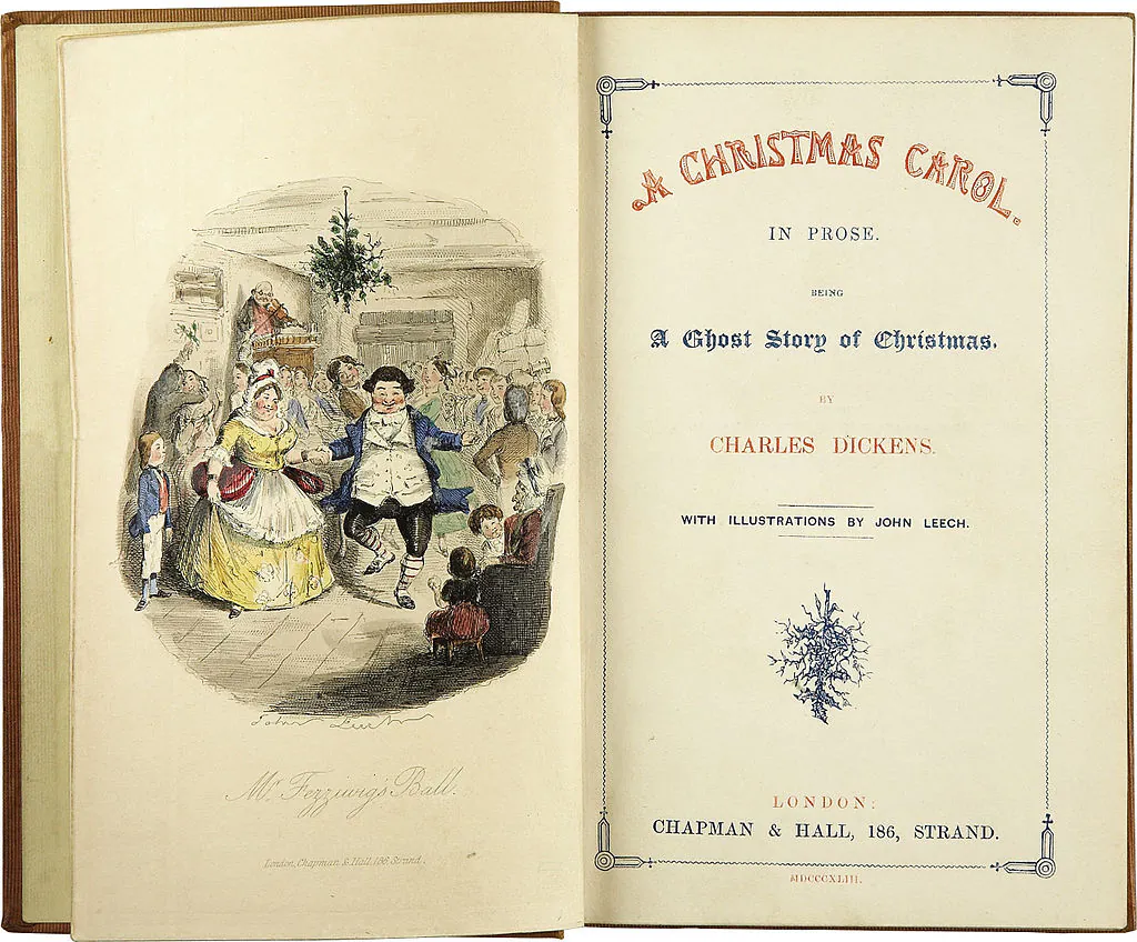 First edition frontispiece and title page of "A Christmas Carol," 1843, illustrated by John Leech. (Public Domain)