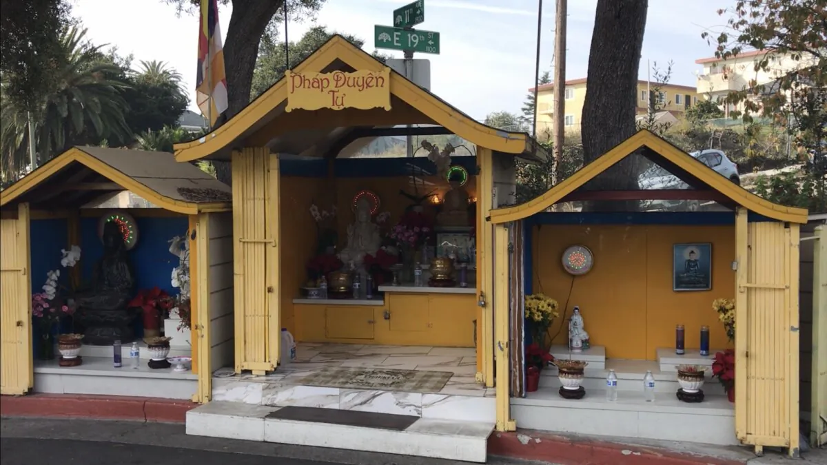 The front of the Buddha shrine on the corner of 11th Ave. and E 19th St. in Oakland, Calif., on Dec. 5, 2023. (Helen Billings/The Epoch Times)