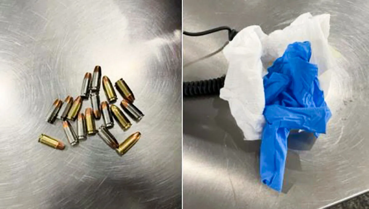 This combination of photos shows 17 bullets security officers found concealed inside a disposable baby diaper at LaGuardia Airport in New York on Dec. 20, 2023. (Transportation Security Administration via AP)