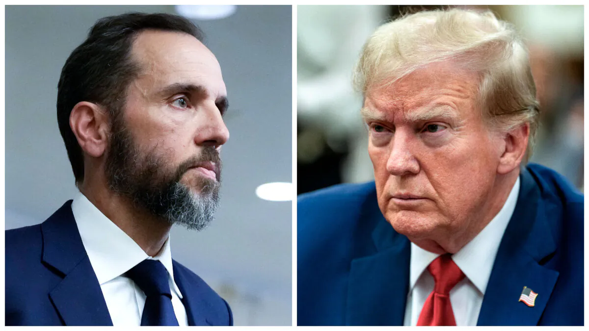 (Left) Special Counsel Jack Smith delivers remarks in Washington on Aug. 1, 2023. (Right) Former President Donald Trump attends his trial in New York State Supreme Court in New York City, on Dec. 7, 2023. (Drew Angerer, David Dee Delgado/Getty Images)