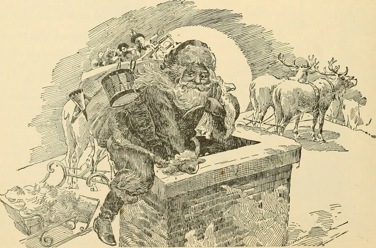 Santa Claus about to climb down a chimney, 1901, by William Birdsall. An illustration from “Beautiful gems from American writers and the lives and portraits of our favorite authors,” The Library of Congress. (Public Domain)