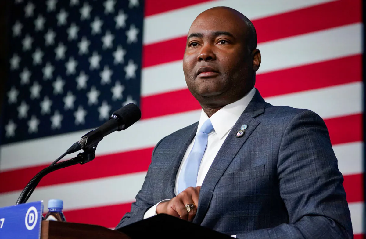 Jaime Harrison, chair of the Democratic National Committee (DNC) speaks at their Winter Meeting in Philadelphia, Pa., on Feb. 4, 2023. (Timothy A. Clary/AFP via Getty Images)