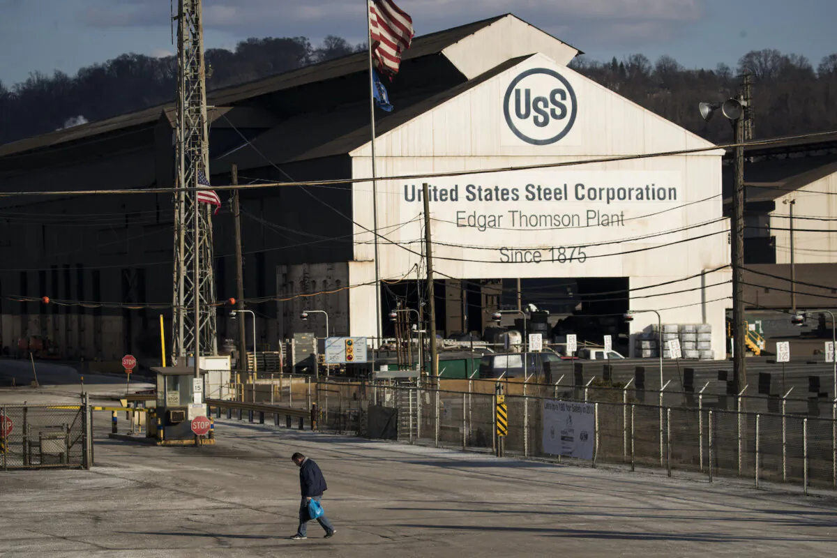 A worker leaves U.S. Steel Edgar Thomson Steel Works in Braddock, Pa., on March 10, 2018. (Drew Angerer/Getty Images)