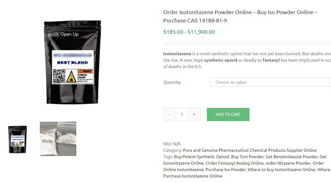 A website on the open internet selling the deadly opioid nitazene (Screenshot by Rex Widerstrom/The Epoch Times)