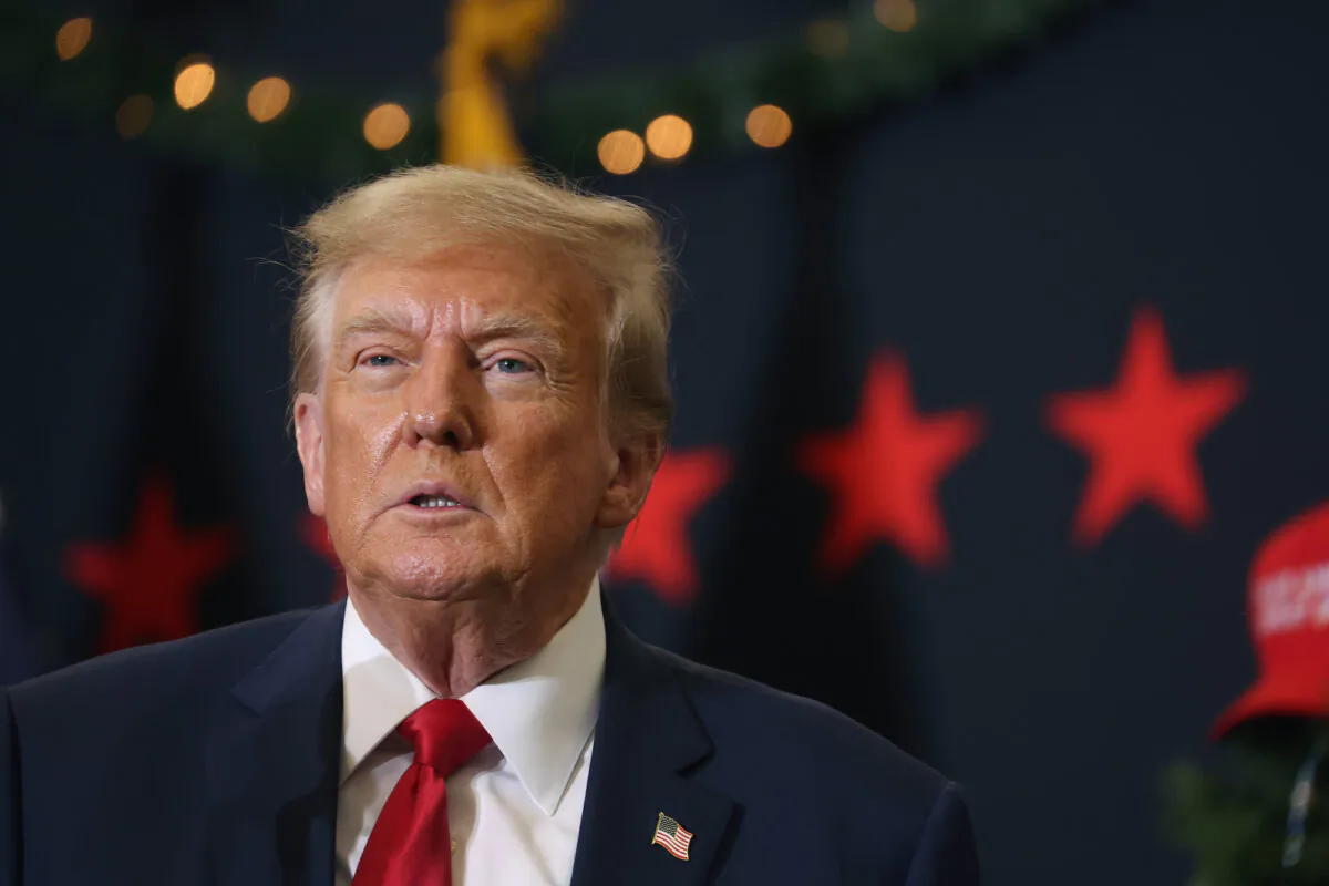 Republican presidential candidate and former U.S. President Donald Trump looks on during a campaign event in Waterloo, Iowa, on Dec. 19, 2023. (Scott Olson/Getty Images)