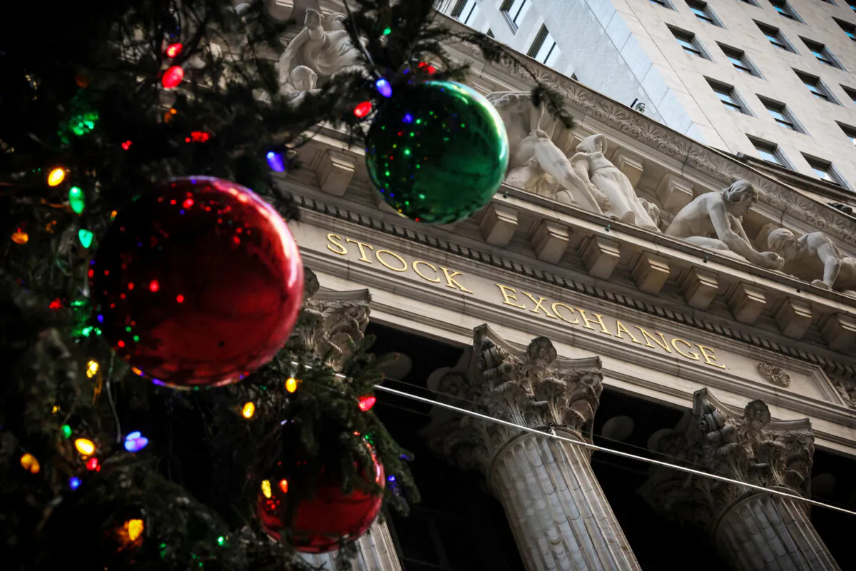 A Christmas tree is seen outside of the New York Stock Exchange (NYSE) in New York City on Dec. 13, 2023. (Brendan McDermid/Reuters)
