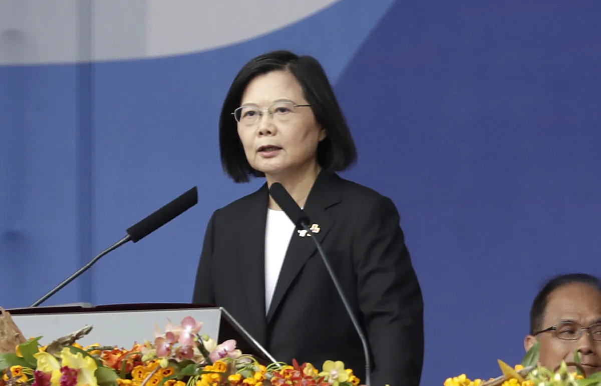Taiwanese President Tsai Ing-wen delivers a speech during National Day celebrations in front of the Presidential Building in Taipei, Taiwan, on Oct. 10, 2023. (AP Photo/Chiang Ying-ying)