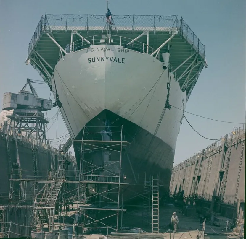 Steel Navy Ship Sunnyvale in dry dock at the San Francisco Shipyard in 1969. (From the National Museum of Industrial History permanent collection)