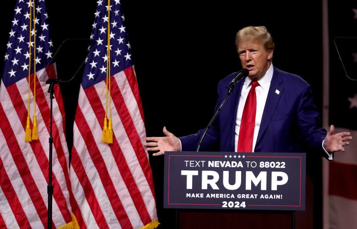 Republican Presidential candidate former President Donald Trump delivers remarks during a campaign rally at the Reno-Sparks Convention Center in Reno, Nev., on Dec. 17, 2023. (Justin Sullivan/Getty Images)