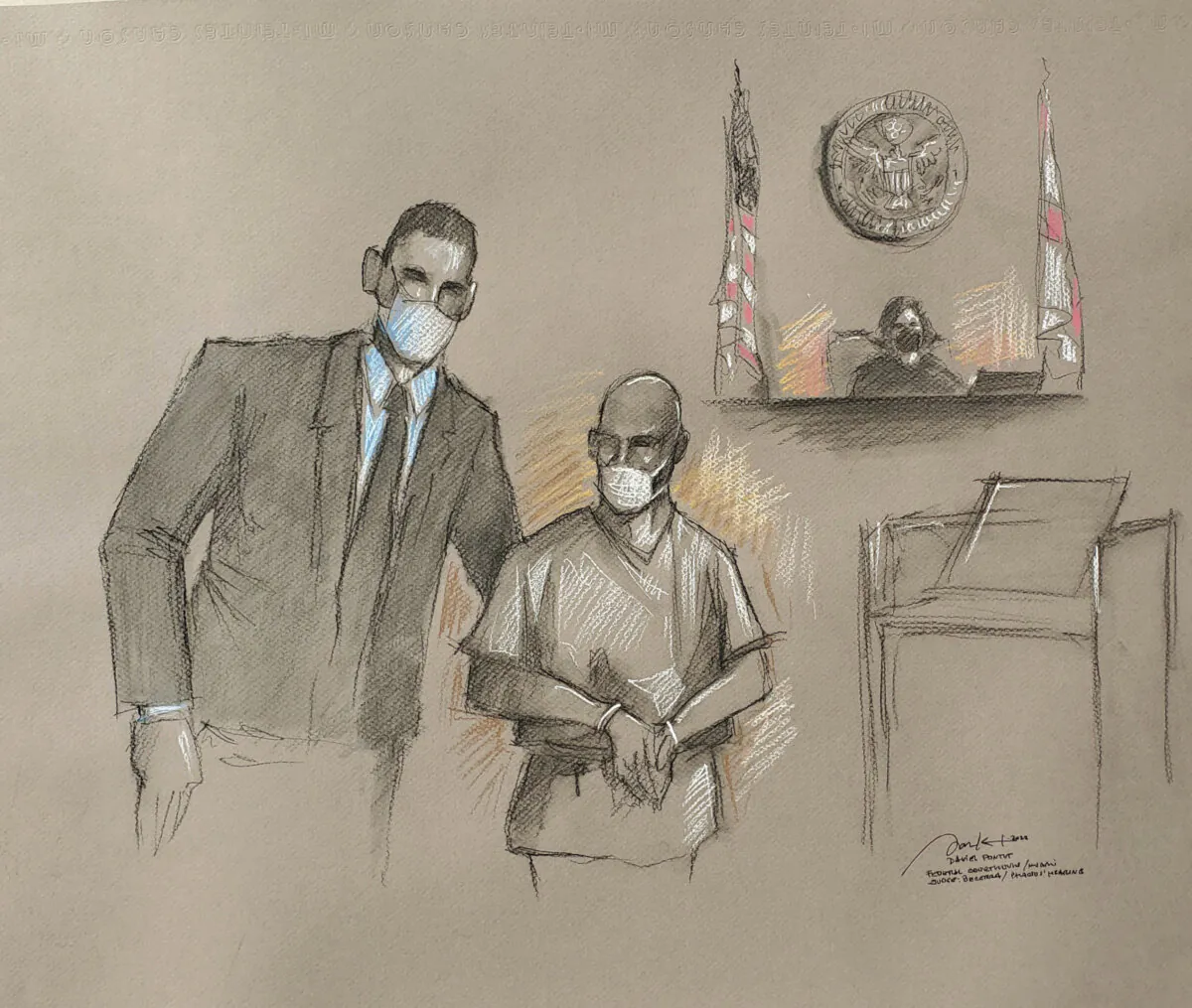 An artist rendering shows Mario Antonio Palacios Palacios with his attorney Alfredo Izaguirre before U.S. Magistrate Judge Jacqueline Becerra in federal court in Miami on Feb. 4, 2022. (Daniel Pontet via AP)