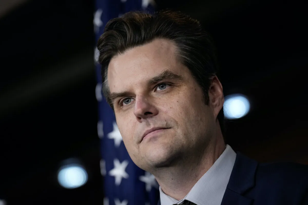 Rep. Matt Gaetz (R-Fla.) looks on during a news conference about unidentified aerial phenomena (UAP) transparency on Capitol Hill in Washington on Nov. 30, 2023. (Drew Angerer/Getty Images)