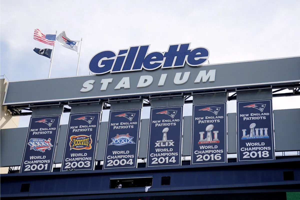 Championship banners hang at Gillette Stadium before an NFL football game in Foxborough, Mass., on Sept. 22, 2019. (Winslow Townson/AP Images for Panini via AP)