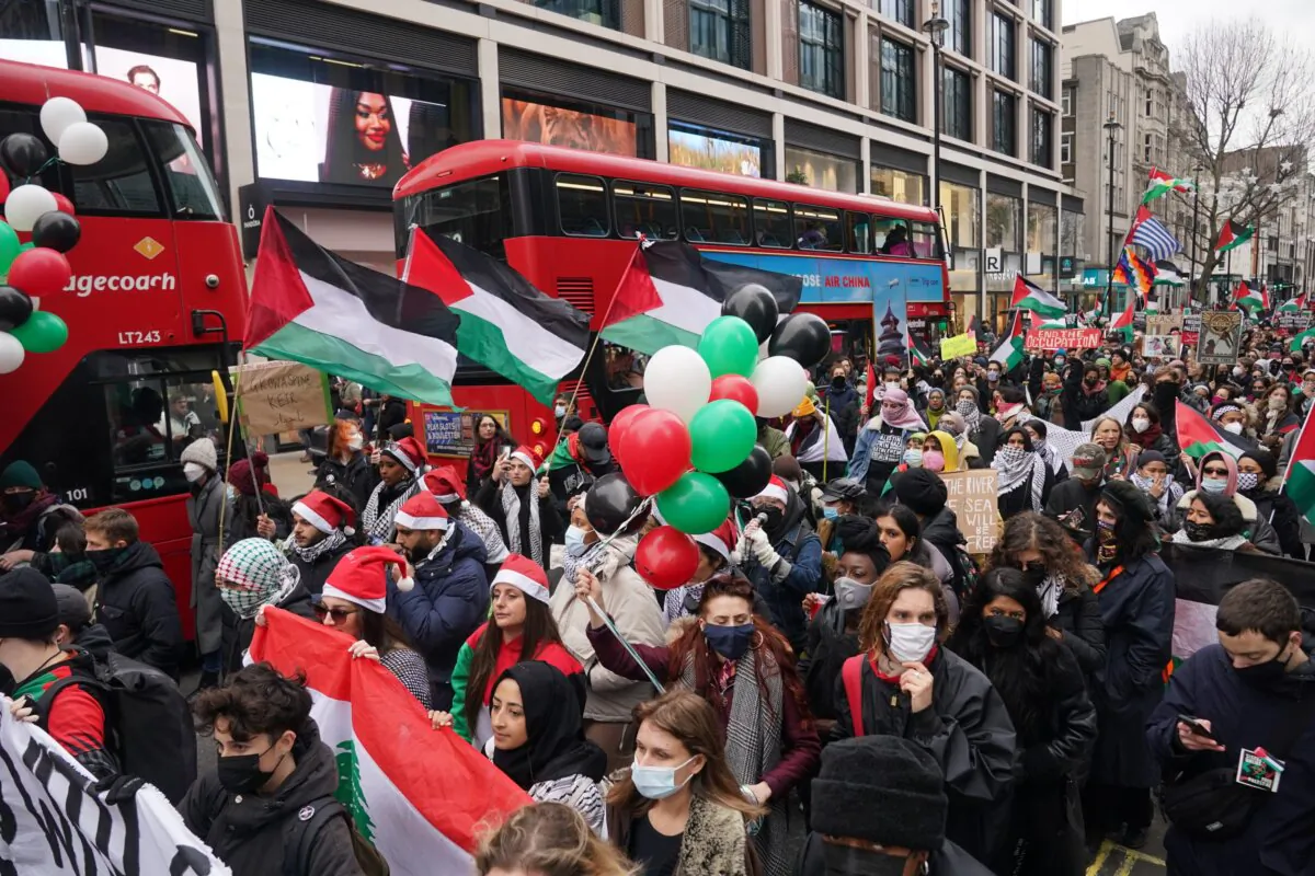 Pro-Palestinian protesters marched in London’s West End on Dec, 23, 2023. (Lucy North/PA)
