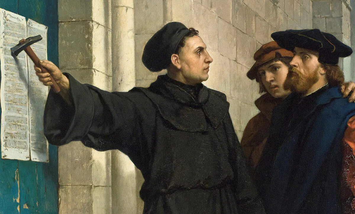 A detail from "Martin Luther Hammers His 95 Theses to the Door," 1872, by Ferdinand Pauwels. (Public Domain)