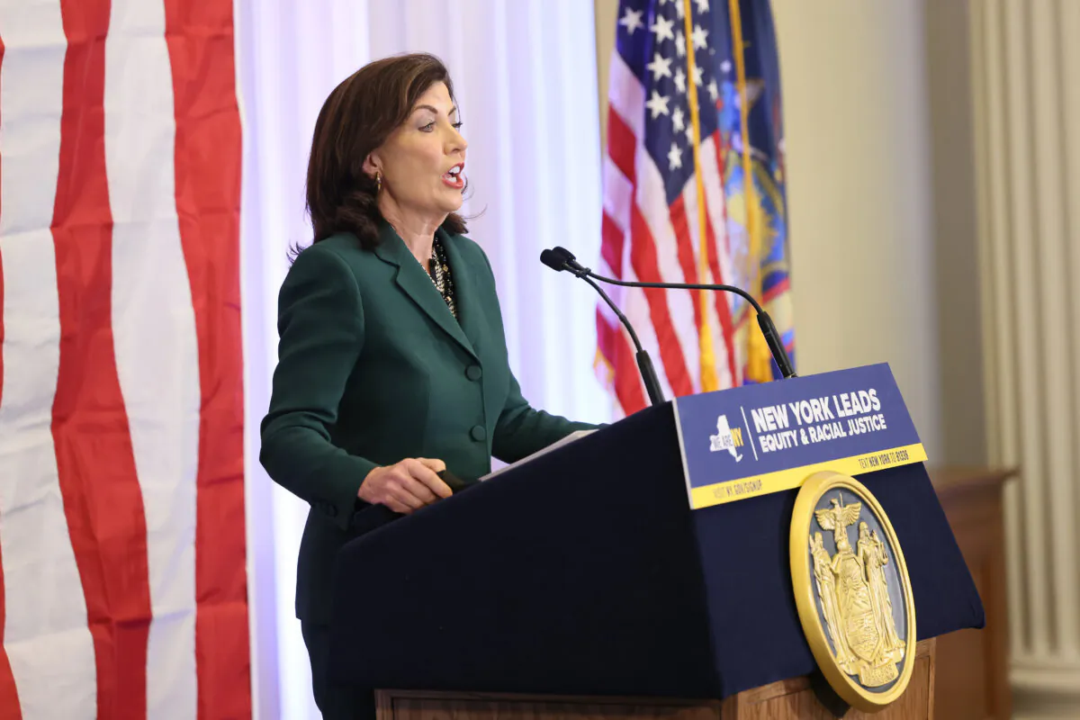New York Gov. Kathy Hochul speaks during a press conference in New York City on Dec. 19, 2023. (Michael M. Santiago/Getty Images)