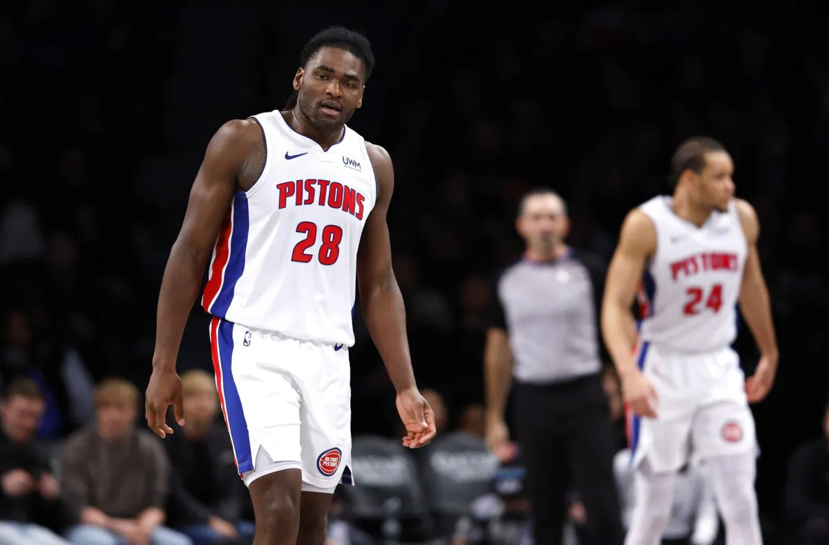 Detroit Pistons center Isaiah Stewart (28) reacts after being charged with a foul against the Brooklyn Nets during the second half of an NBA basketball game in New York on Dec. 23, 2023. (Noah K. Murray/AP Photo)