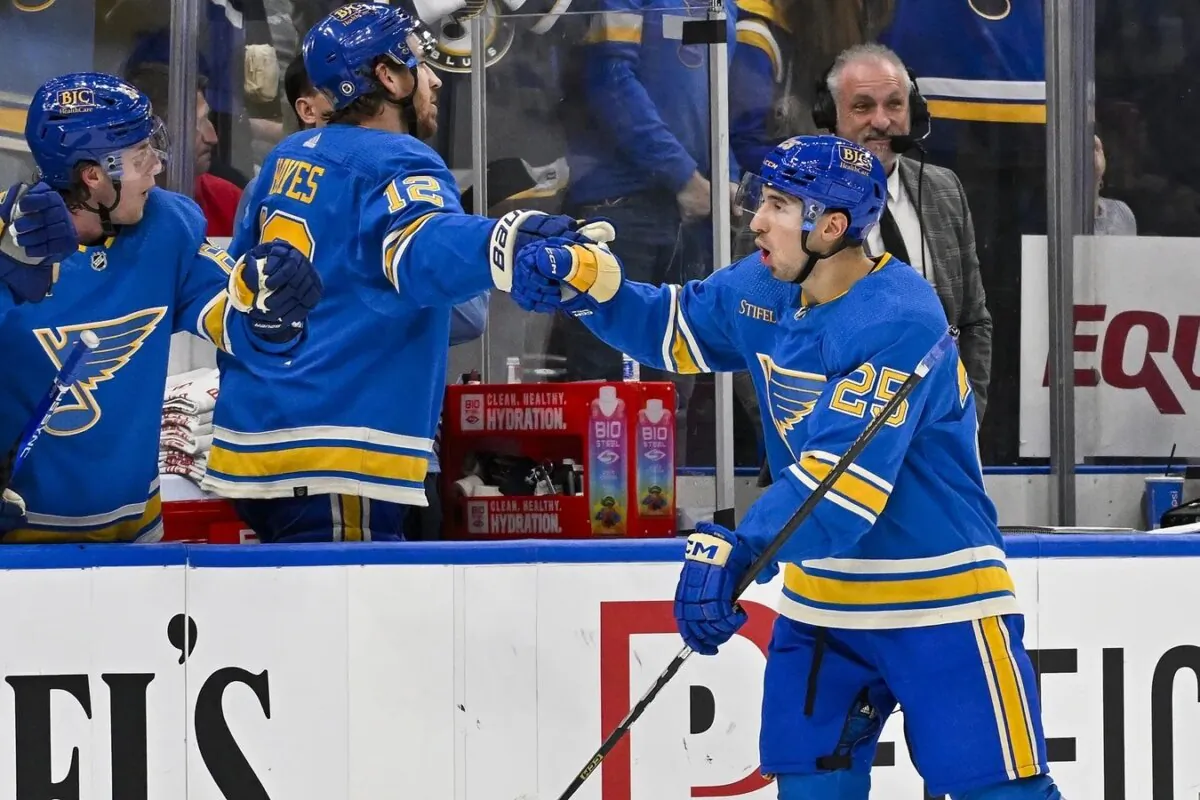 St. Louis Blues center Jordan Kyrou (25) is congratulated by right wing Kevin Hayes (12) and left wing Jake Neighbours (63) after scoring against the Chicago Blackhawks during the third period at Enterprise Center in St. Louis on Dec. 23, 2023. (Jeff Curry/USA TODAY Sports via Field Level Media)