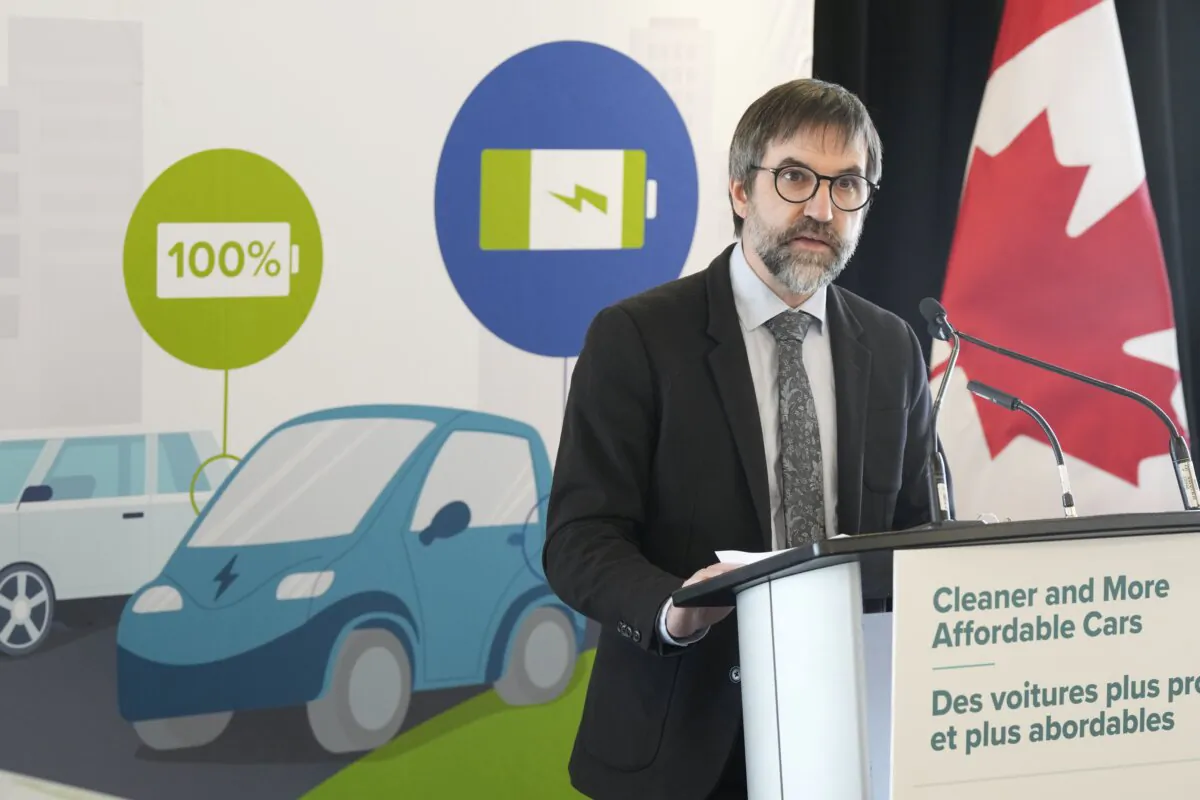 Environment Minister Steven Guilbeault outlines the details of his plan to eventually phase out the sale of gas-powered vehicles in Canada, in Toronto on Dec.19, 2023. (The Canadian Press/Frank Gunn)