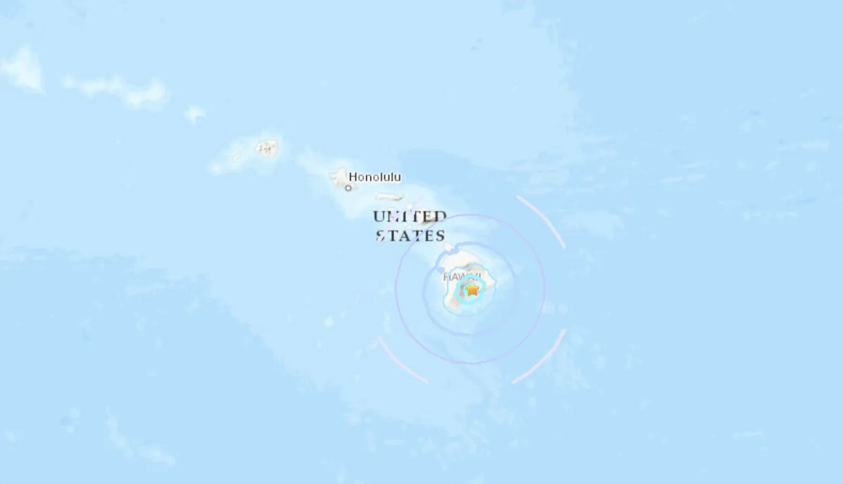 A map shows a magnitude 4.1 earthquake that struck 9 miles southwest of Volcano off the southeastern coast of the island of Hawaii on Dec. 23, 2023. (USGS/Screenshot via The Epoch Times)