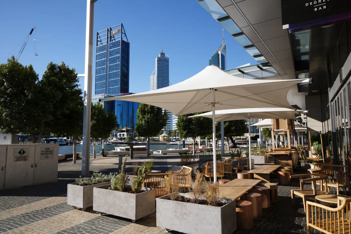 An empty restaurant in the normally busy Elizabeth Quay area in Perth, Australia, on Jan. 31, 2021. (Trevor Collens/AFP via Getty Images)