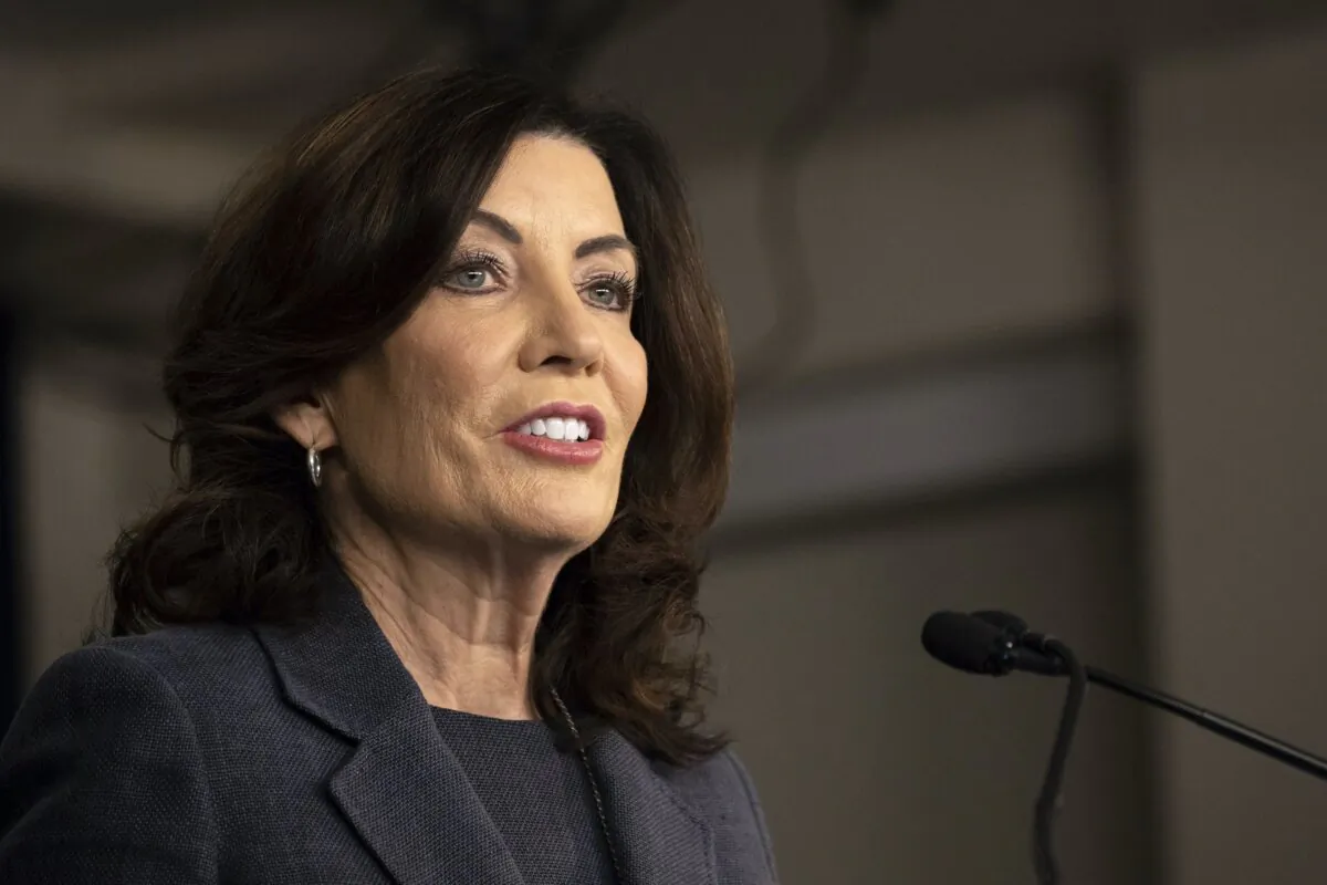 New York Gov. Kathy Hochul addresses the media during a news conference in New York on March 13, 2023. (Yuki Iwamura/AP Photo)