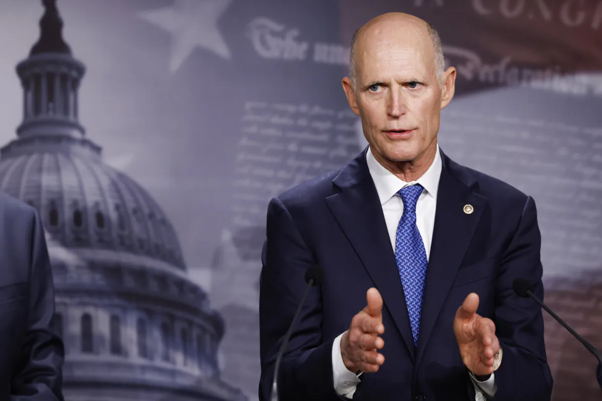 Sen. Rick Scott (R-Fla.) speaks during a news conference at the U.S. Capitol Building in Washington on Jan. 25, 2023. Senate Republicans held the news conference to discuss the ongoing negotiations between the House, Senate, and White House over the national debt ceiling. (Anna Moneymaker/Getty Images)