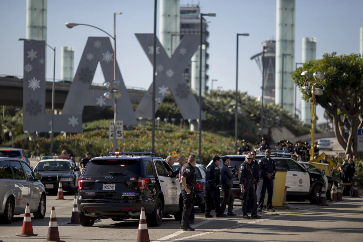 Police officers post at Los Angeles International Airport (LAX) in Los Angeles on Nov. 29, 2016. (David McNew/Getty Images)