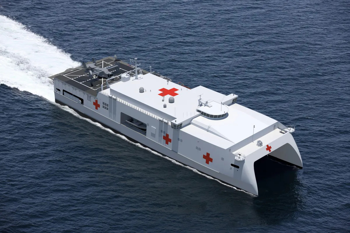The Expeditionary Medical Ship (EMS) is a high-speed aluminium catamaran based on the proven Expeditionary Fast Transport design that offers enhanced medical support to the US Navy. (Austal USA)