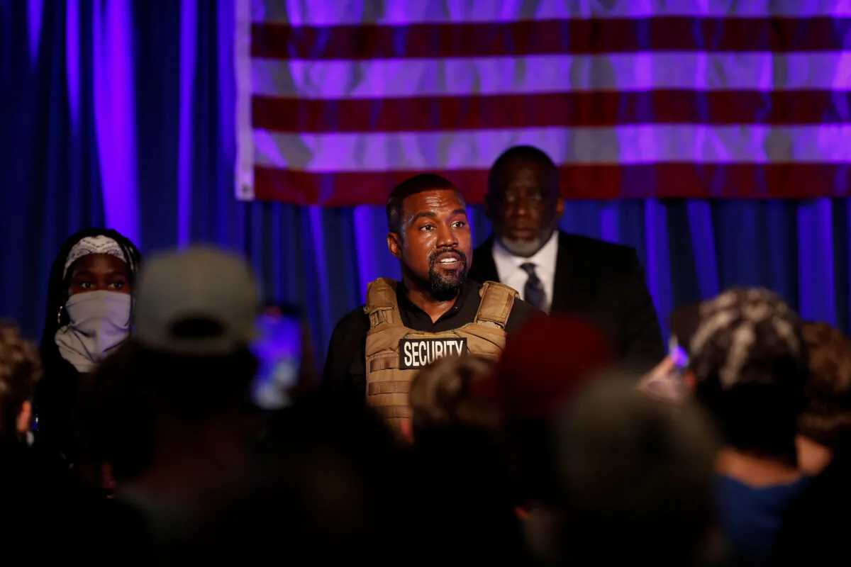 Rapper Kanye West holds his first rally in support of his presidential bid in North Charleston, S.C., on July 19, 2020. (Randall Hill/Reuters)