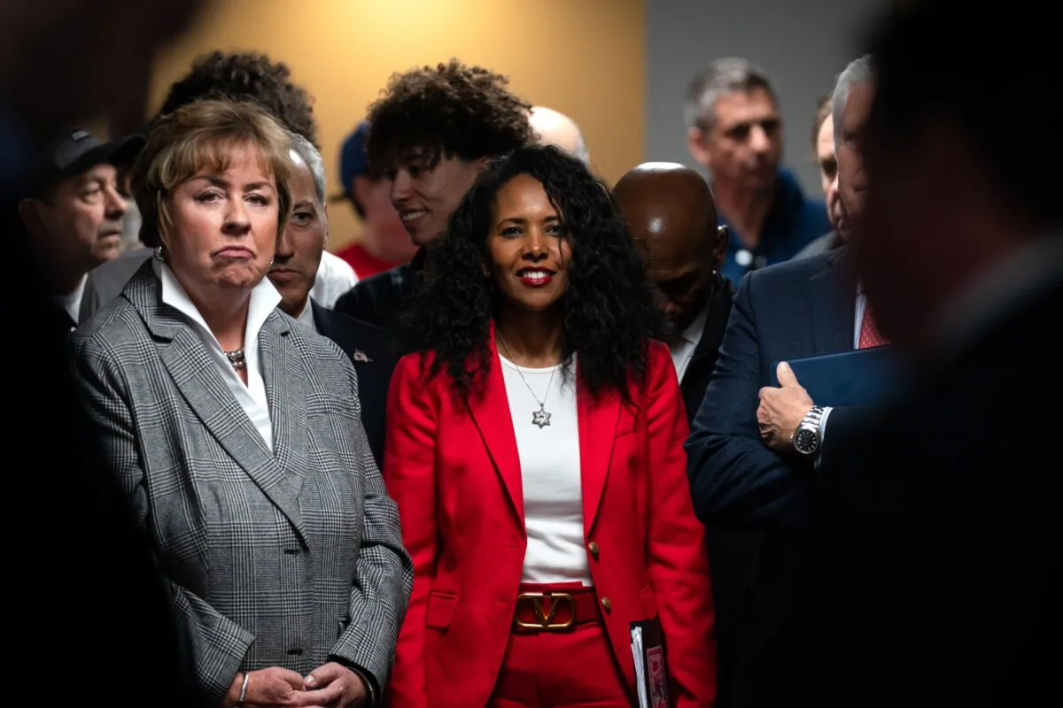Nassau County legislator Mazi Melesa Pilip (C) arrives for a press conference at American Legion Post 1066, in Massapequa, N.Y., on Dec. 15, 2023. (Adam Gray/Getty Images)