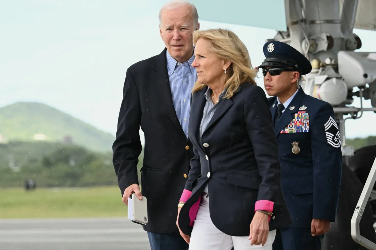President Joe Biden and First Lady Jill Biden step off Air Force One upon arrival at Henry E. Rohlsen Airport in Christiansted, Saint Croix, in the U.S. Virgin Islands on Dec. 27, 2023. (Mandel Ngan/AFP via Getty Images)