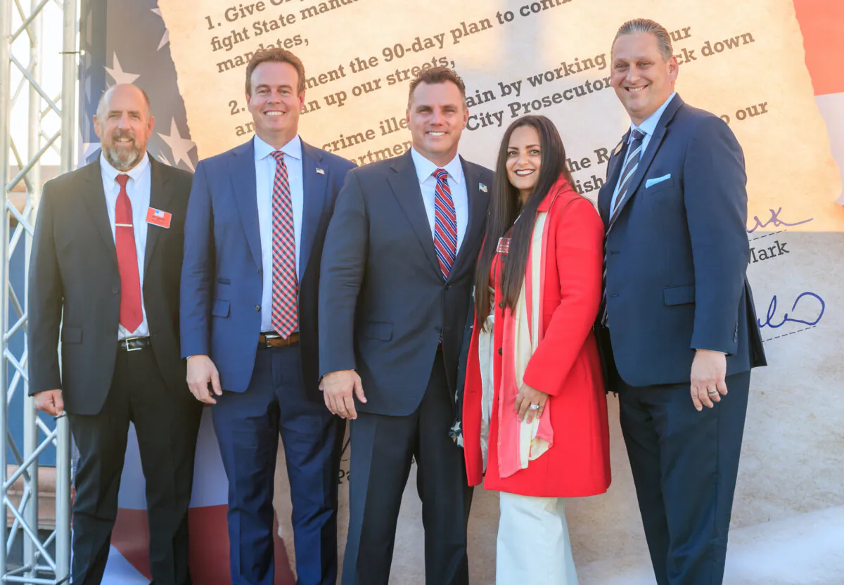 (L-R) Pat Burns, Casey McKeon, City Attorney Michael Gates, Grace Van Der Mark, and Tony Strickland at a campaign rally at the Pier Plaza in Huntington Beach, Calif., on Oct. 27, 2022. (Courtesy of Joe Katchka)