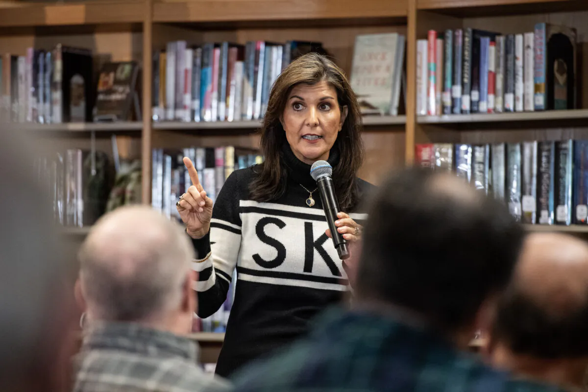 Former U.N. ambassador and 2024 Republican presidential hopeful Nikki Haley speaks at a town hall campaign event at Kennett High School in North Conway, N.H., on Dec. 28, 2023. (Joseph Prezioso/AFP via Getty Images)