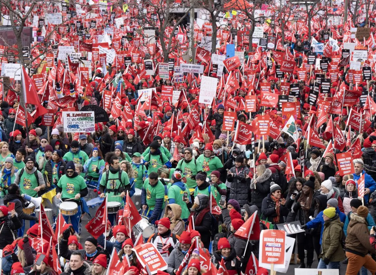 Members of the FAE teachers union march to begin their strike in Montreal on Nov. 23, 2023. (The Canadian Press/Ryan Remiorz)