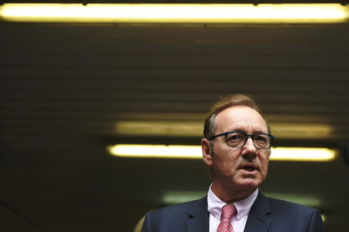 Kevin Spacey speaks to press after leaving court at Southwark Crown Court in London, England, on July 26, 2023. The U.S. actor who starred in the popular TV series “House of Cards” and the film “The Usual Suspects” has been cleared of all sexual assault charges brought by men during his time as artistic director of The Old Vic Theatre. (Chris J Ratcliffe/Getty Images)