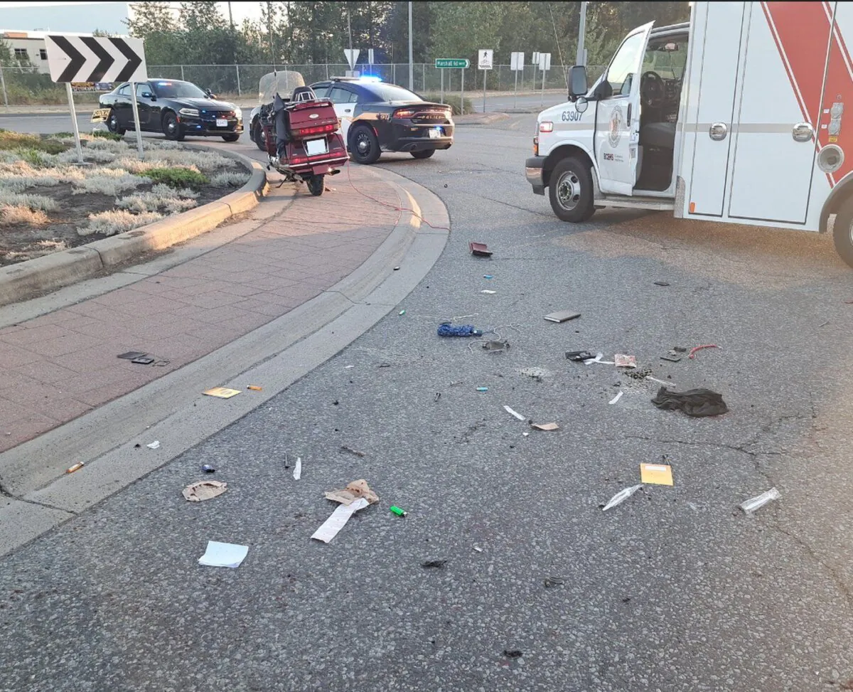 The scene of a motorcycle accident in Abbotsford, B.C., is shown in this Aug. 15, 2022 police handout photo. (The Canadian Press/HO, Abbotsford Police)