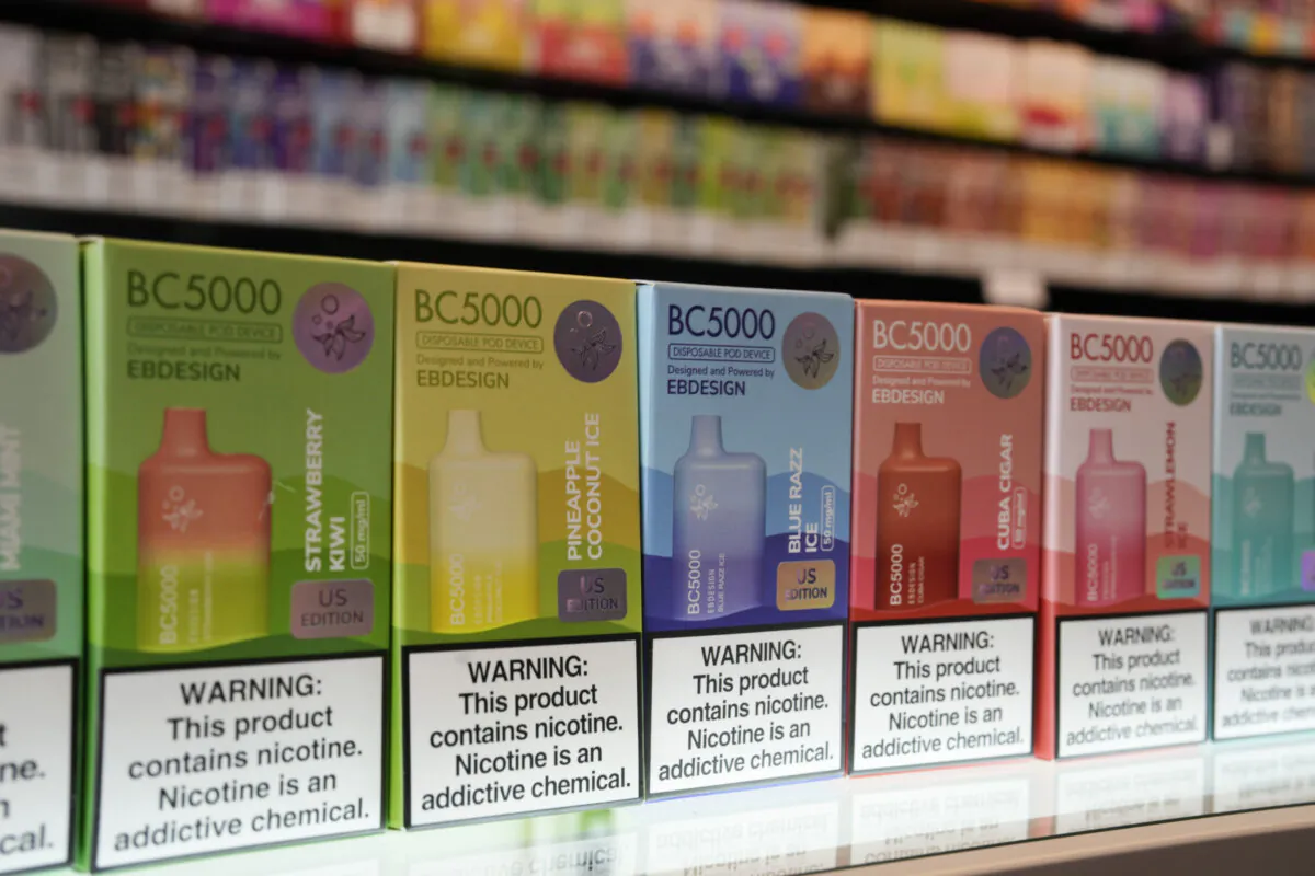 Varieties of disposable flavored electronic cigarette devices manufactured by EB Design, formerly known as Elf Bar, are displayed at a store in Pinecrest, Fla., on June 26, 2023. (Rebecca Blackwell/AP Photo)
