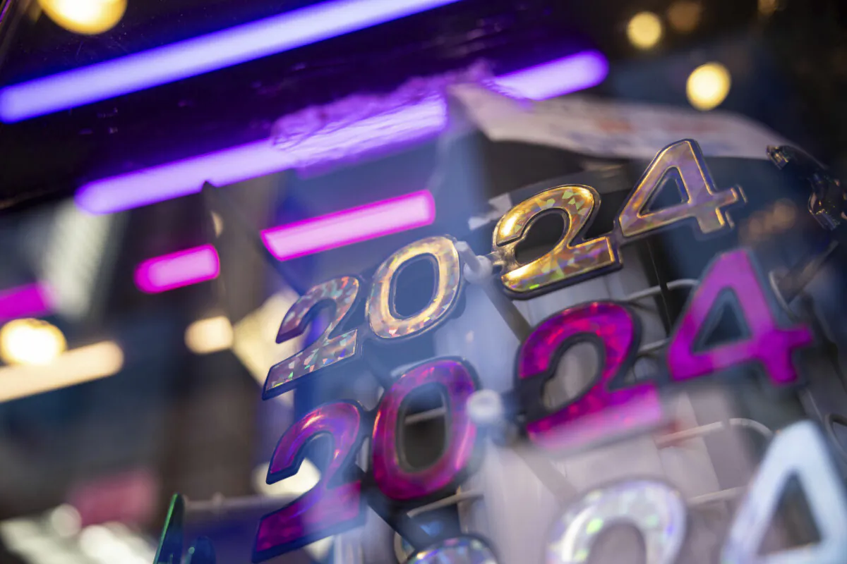 Glasses with "2024" are displayed ahead of New Year's Eve in Times Square in New York on Dec. 29, 2023. (Yuki Iwamura/AP Photo)