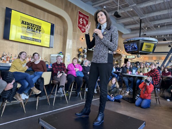 Nikki Haley speaks at the Iowa Athletic Club in Coralville, Iowa, on Saturday, Dec. 30, 2023. (Austin Alonzo/The Epoch Times)